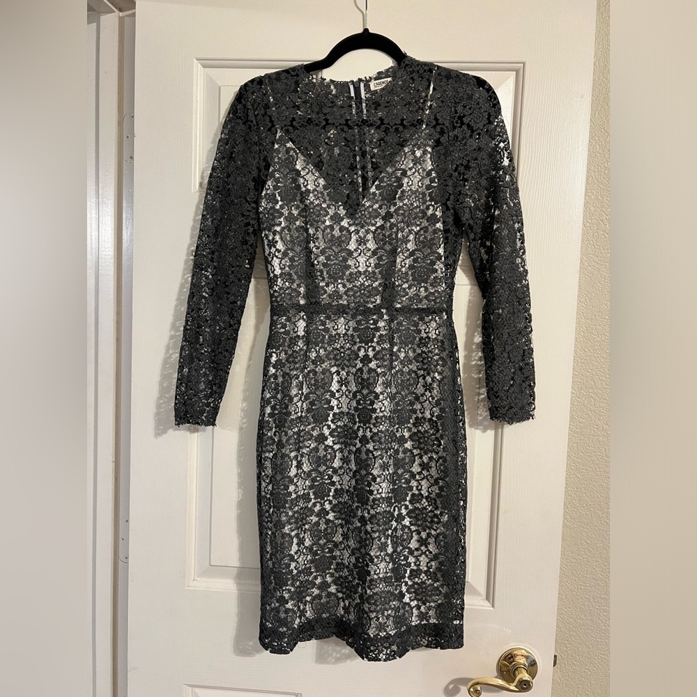 L’Agence Two Piece Midi Dress- Slip with Greyish/ Olive Green Lace Over Lay